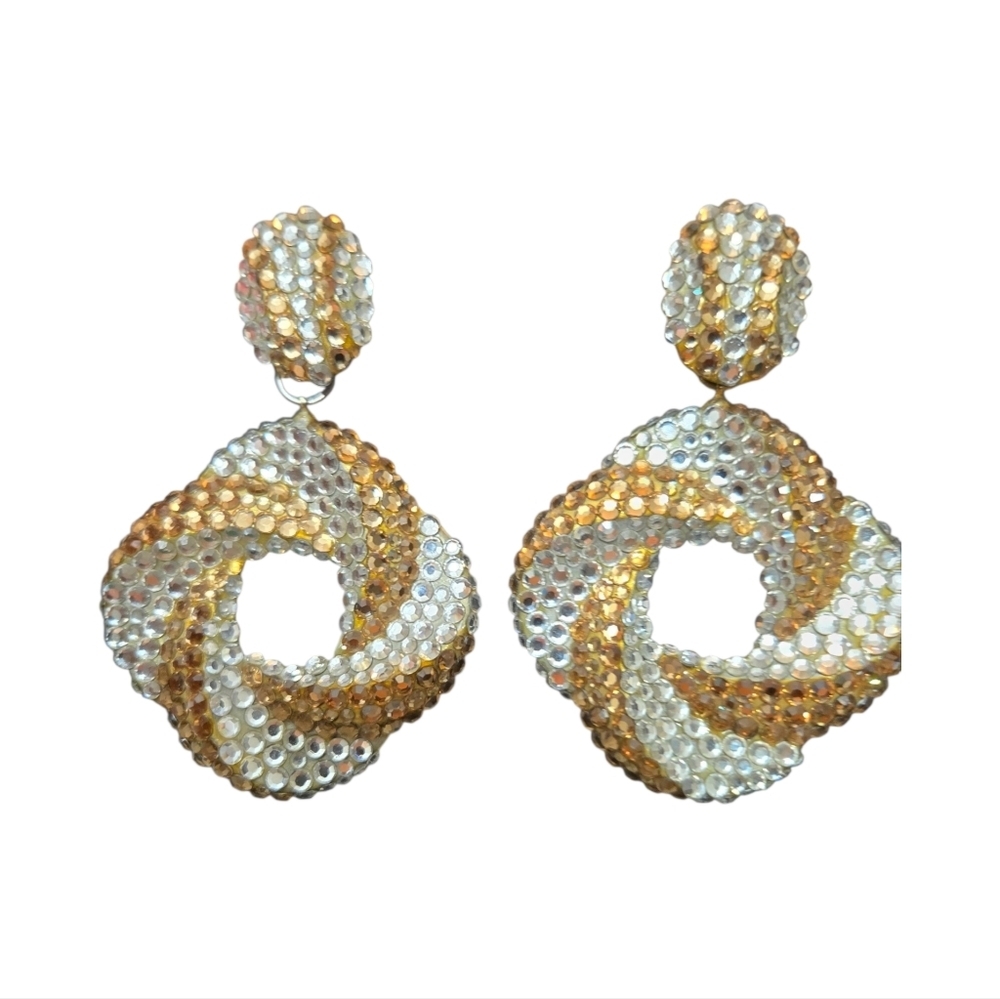Vintage Richard Kerr 1980 Champagne Crystal Swirl Hoop Drop Earrings Signed